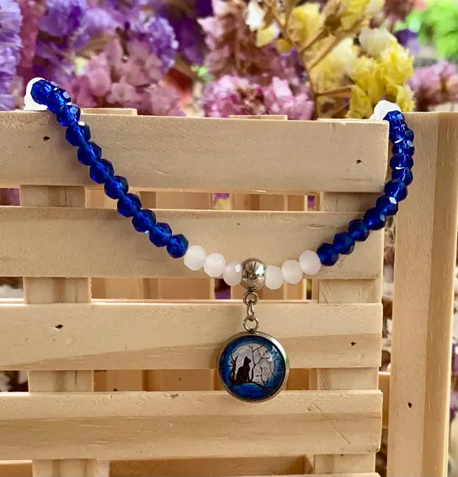 Collar de cristall amb gat i lluna — Gats feta a mà, Mana Dragonfly