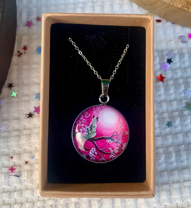 Collar cabujón gato y luna rosa — Gatos hecha a mano, Mana Dragonfly
