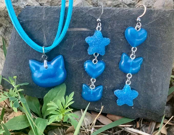 Conjunt artesà de gat blau: collar i arracades — Gats feta a mà, Mana Dragonfly